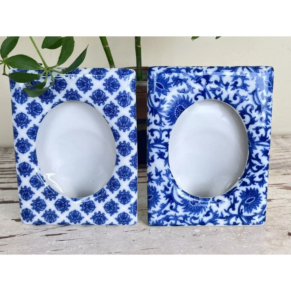 Vintage Pier 1 Imports Blue & White Chinoiserie Photo Frames Set 5” Home Decor